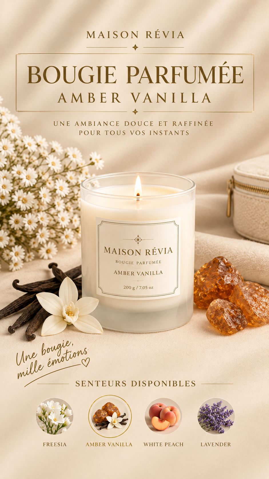 Bougie parfumée MAISON RÉVIA Amber Vanilla présentée sur un décor beige élégant, entourée de vanille et de résine ambrée.