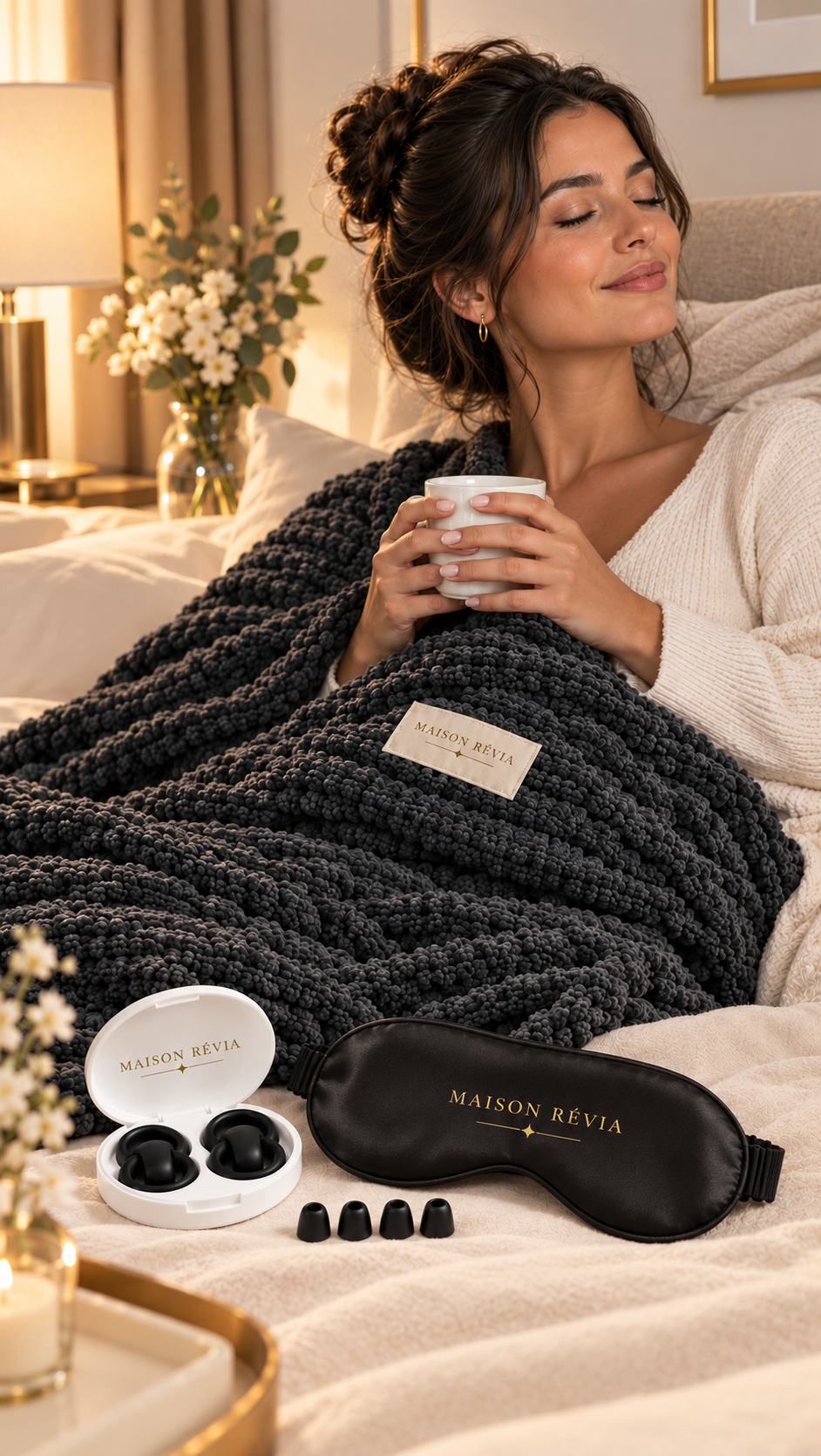 Rituel Révia – Pack 3 produits pour un sommeil doux et réparateur Pack Rituel Révia avec plaid, masque de sommeil en soie et bouchons d’oreilles, présenté dans une ambiance élégante et apaisante.