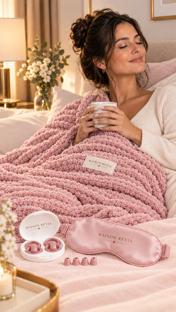 Rituel Révia – Pack 3 produits pour un sommeil doux et réparateur Pack Rituel Révia avec plaid, masque de sommeil en soie et bouchons d’oreilles, présenté dans une ambiance élégante et apaisante.