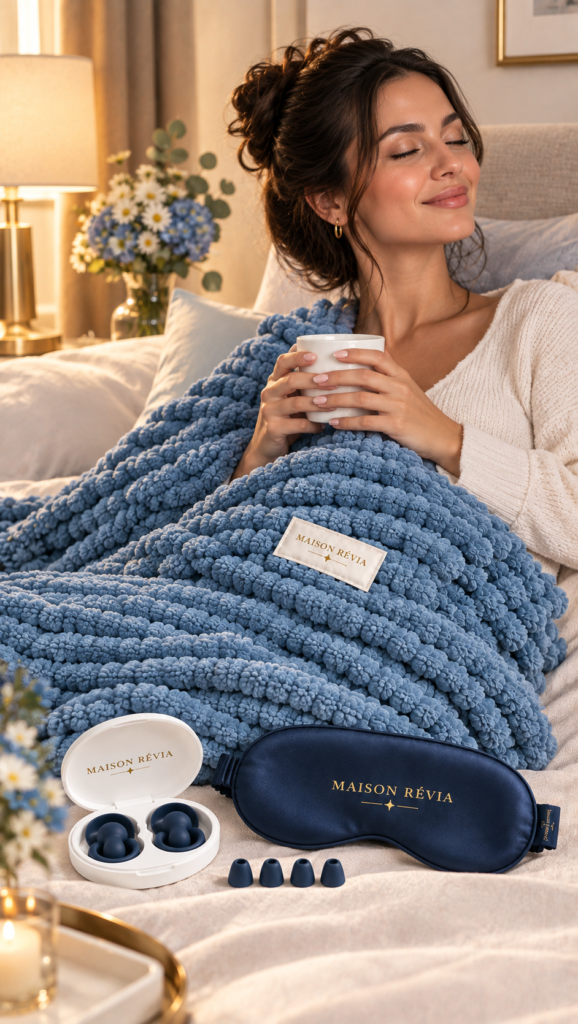 Rituel Révia – Pack 3 produits pour un sommeil doux et réparateur Pack Rituel Révia avec plaid, masque de sommeil en soie et bouchons d’oreilles, présenté dans une ambiance élégante et apaisante.