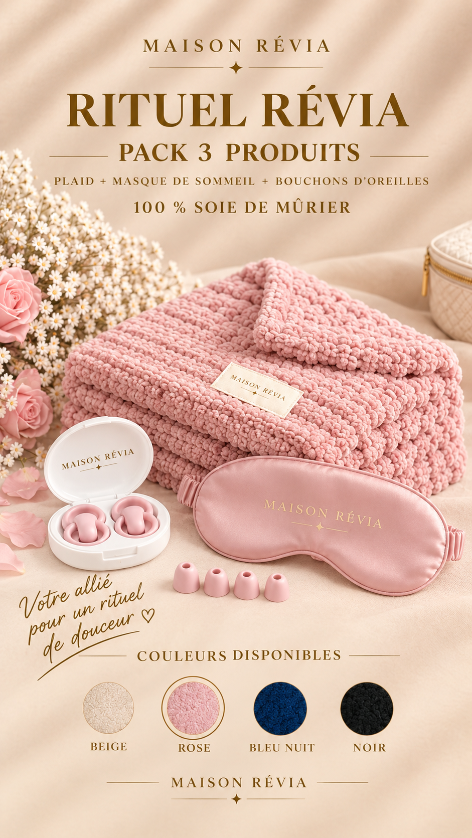 Rituel Révia – Pack 3 Produits en Soie de Mûrier Rituel Révia avec plaid, masque de sommeil et bouchons d’oreilles