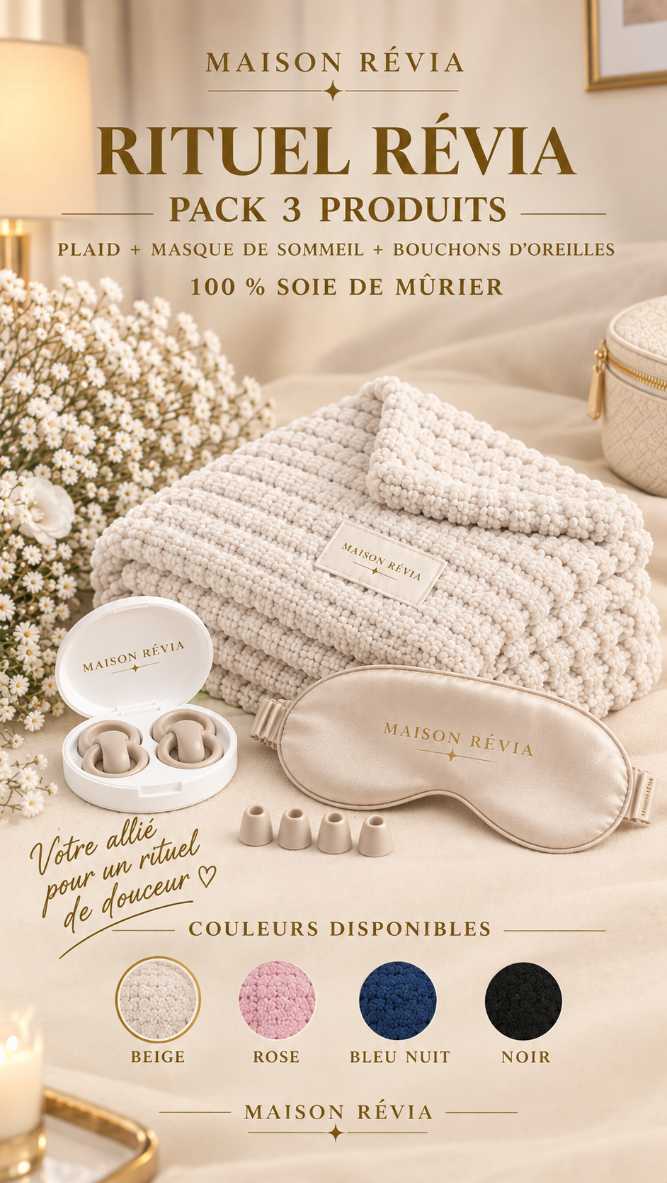 Rituel Révia – Pack 3 Produits en Soie de Mûrier Rituel Révia avec plaid, masque de sommeil et bouchons d’oreilles