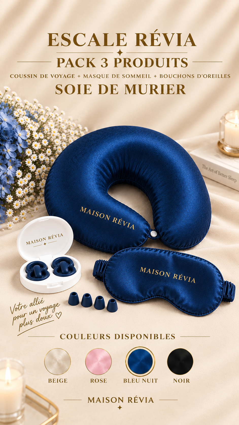 Pack Voyage 3 Produits en Soie de Mûrier – Maison Révia Pack voyage Maison Révia composé d’un coussin de voyage, d’un masque de sommeil et de bouchons d’oreilles en soie de mûrier avec leur boîtier.