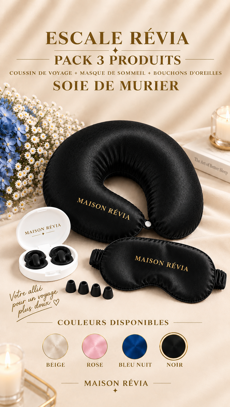 Pack Voyage 3 Produits en Soie de Mûrier – Maison Révia Pack voyage Maison Révia composé d’un coussin de voyage, d’un masque de sommeil et de bouchons d’oreilles en soie de mûrier avec leur boîtier.