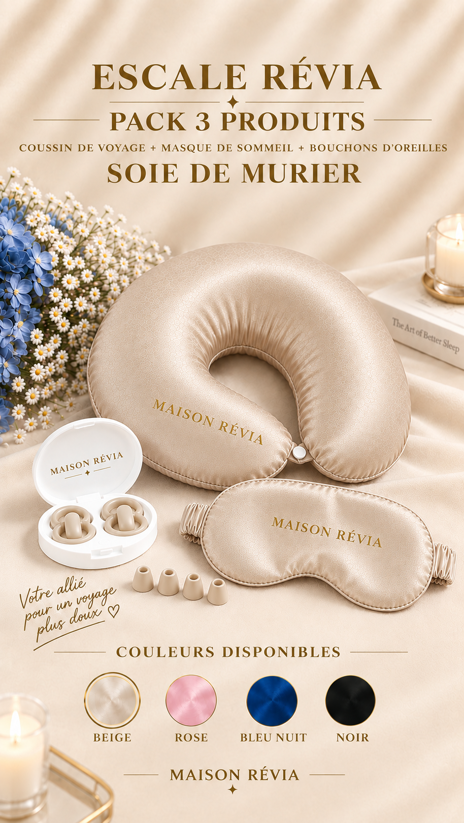 Pack Voyage 3 Produits en Soie de Mûrier – Maison Révia Pack voyage Maison Révia composé d’un coussin de voyage, d’un masque de sommeil et de bouchons d’oreilles en soie de mûrier avec leur boîtier.