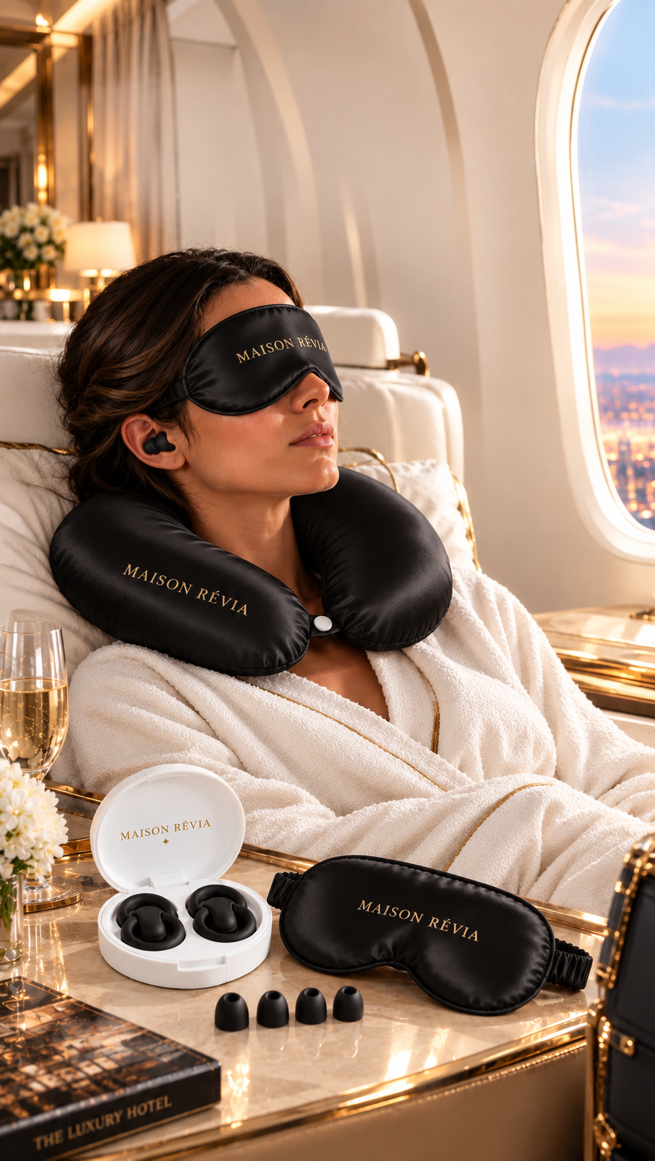 Kit de sommeil Maison Révia avec masque, coussin de voyage et bouchons d’oreilles Kit de sommeil Maison Révia avec masque, coussin de voyage et bouchons d’oreilles, présenté dans un avion privé