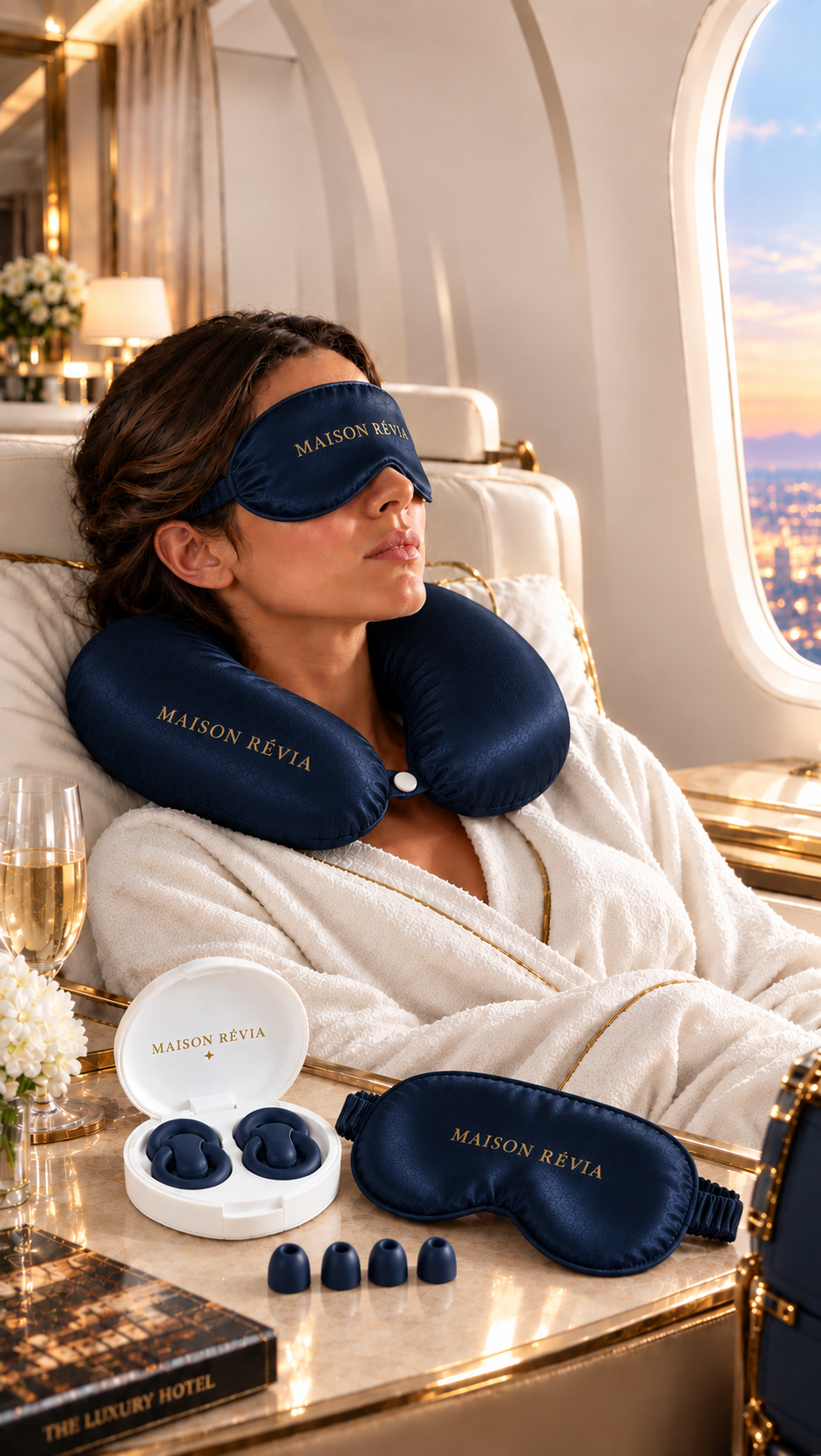 Kit de sommeil Maison Révia avec masque, coussin de voyage et bouchons sérénité Kit de sommeil Maison Révia avec masque, coussin de voyage et bouchons d’oreilles, présenté dans un avion privé