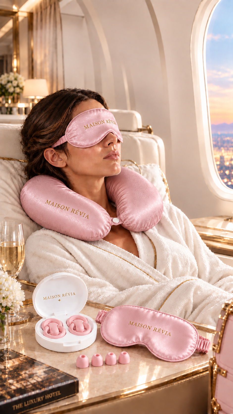 Kit de sommeil Maison Révia avec masque, coussin de voyage et bouchons sérénité Kit de sommeil Maison Révia avec masque, coussin de voyage et bouchons d’oreilles, présenté dans un avion privé