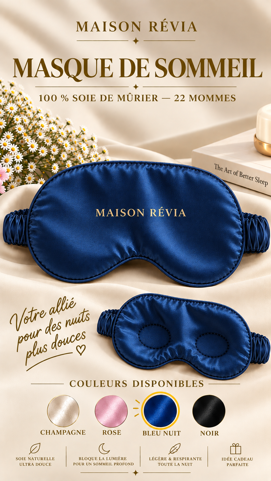 Masque de sommeil Éclipse – Maison Révia | Soie de mûrier Masque de sommeil Éclipse Maison Révia en soie de mûrier, au design élégant et raffiné, présenté sur un fond beige aux tons doux et apaisants.