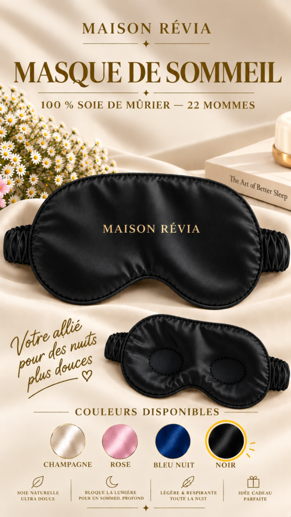Masque de sommeil Éclipse – Maison Révia | Soie de mûrier Masque de sommeil Éclipse Maison Révia en soie de mûrier, au design élégant et raffiné, présenté sur un fond beige aux tons doux et apaisants.