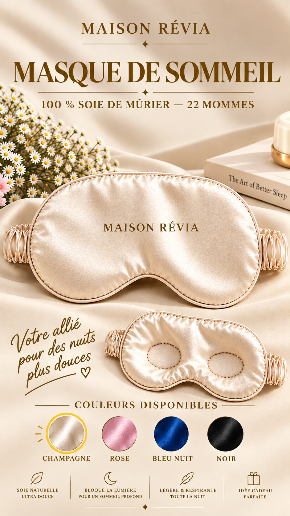 Masque de sommeil Éclipse – Maison Révia | Soie de mûrier Masque de sommeil Éclipse Maison Révia en soie de mûrier, au design élégant et raffiné, présenté sur un fond beige aux tons doux et apaisants.