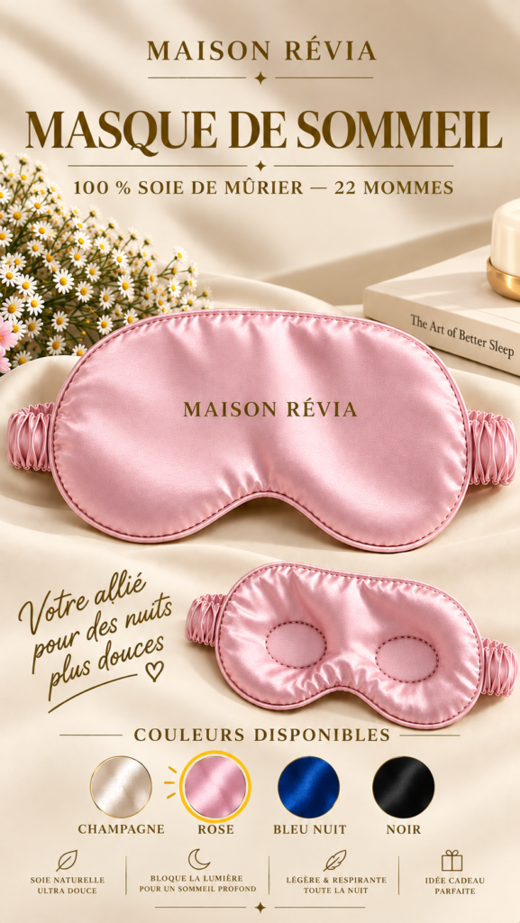 Masque de sommeil Éclipse – Maison Révia | Soie de mûrier Masque de sommeil Éclipse Maison Révia en soie de mûrier, au design élégant et raffiné, présenté sur un fond beige aux tons doux et apaisants.