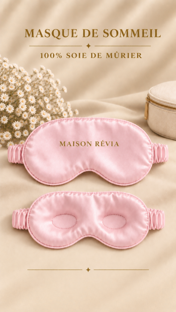 Masque de sommeil en 100% soie de mûrier – MAISON RÉVIA Masque de sommeil MAISON RÉVIA rose en 100% soie de mûrier, présenté sur un tissu beige avec fleurs blanches
