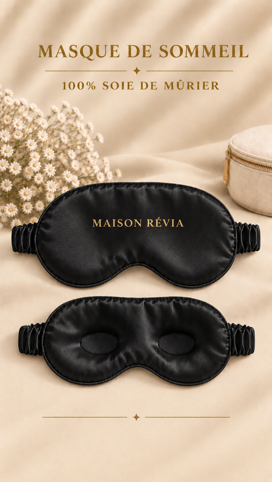 Masque de sommeil noir en 100% soie de mûrier – MAISON RÉVIA Masque de sommeil noir MAISON RÉVIA en 100% soie de mûrier, avec finition satinée et logo doré
