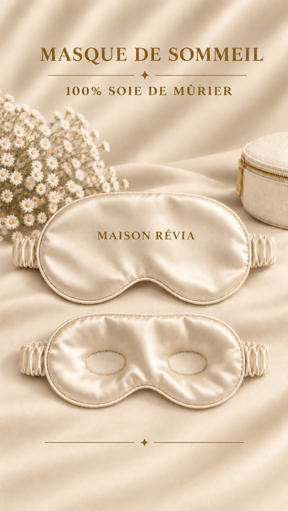 Masque de Sommeil en Soie de Mûrier 100% – Champagne | MAISON RÉVIA Masque de sommeil champagne en 100% soie de mûrier MAISON RÉVIA
